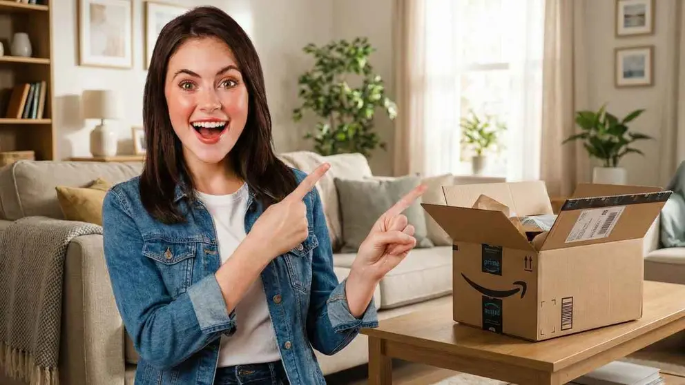 Una mujer junto a una caja de compra de Amazon
