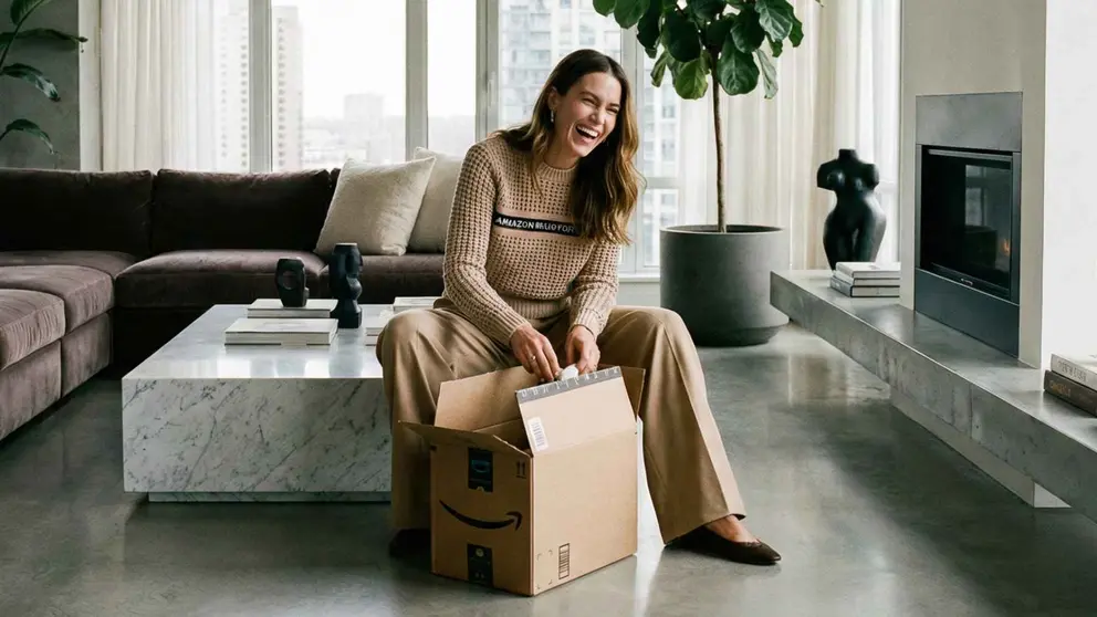 Una mujer con una caja de compra de Amazon
