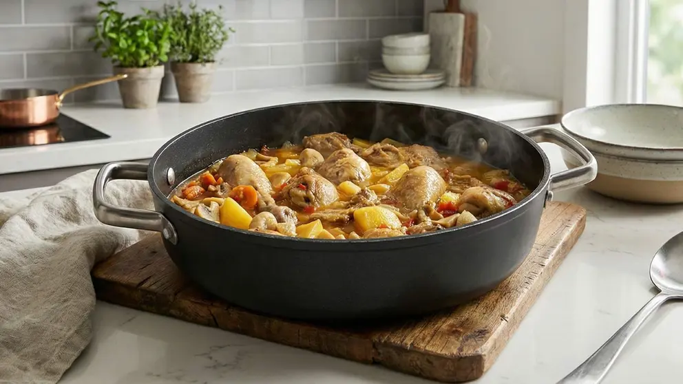 Guiso de muslos de pollo, patatas y champi&ntilde;ones