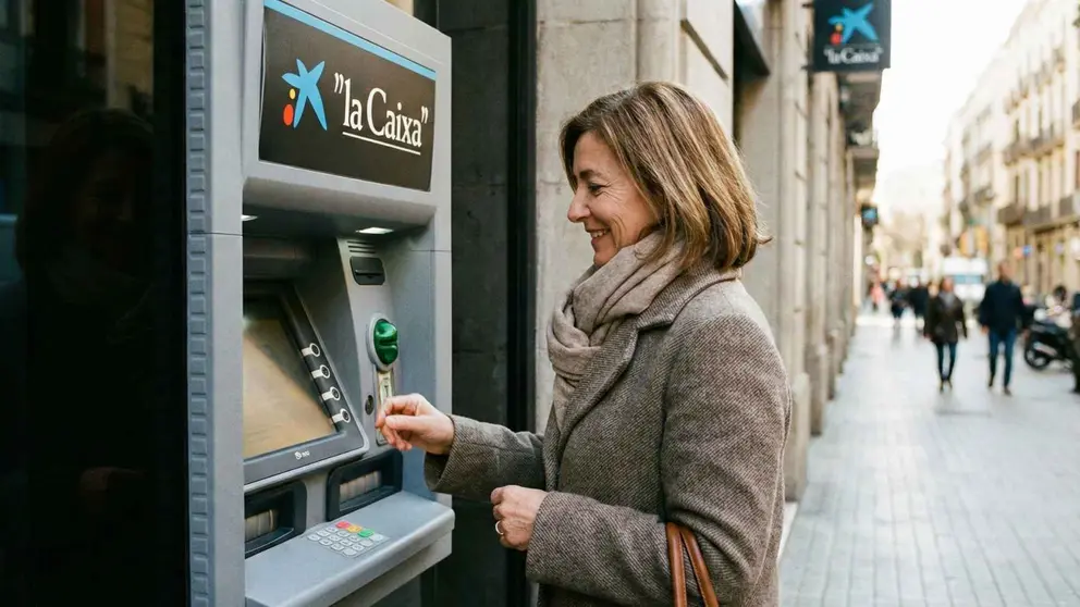 Una pensionista acude a un cajero de La Caixa para retirar su pensi&oacute;n