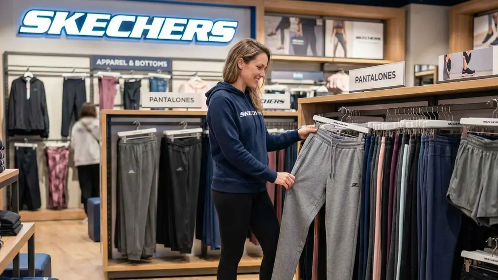 Una mujer en la secci&oacute;n de pantalones de una tienda Skechers