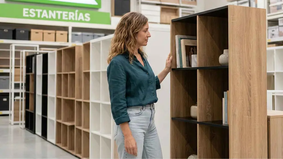 Una mujer en la secci&oacute;n de estanter&iacute;as de Leroy Merlin
