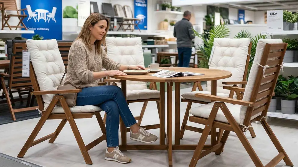 Ikea consigue embellecer la terraza o el jard&iacute;n con este bonito y pr&aacute;ctico conjunto de muebles de madera de acacia