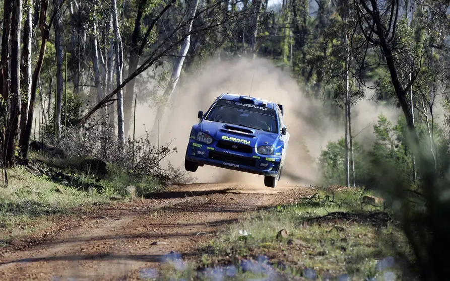 Subaru driver Petter Solberg in action on SS9 during leg one, Telstra Rally Australia 2005.