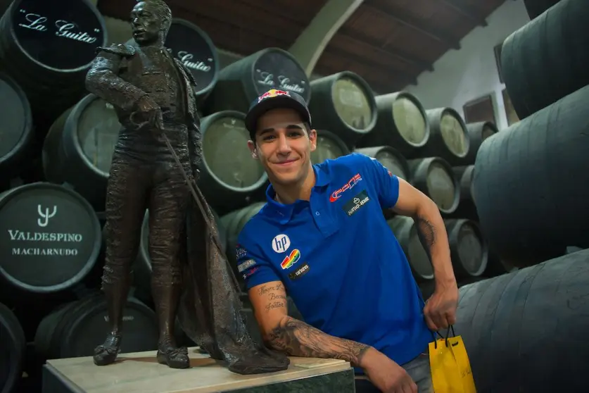 JEREZ DE LA FRONTERA, SPAIN - MAY 01:  Luis Salom of Spain and Pons HP40 poses during the pre-event "MotoGP riders visit Bodegas Jos Estevez in Jerez" during the MotoGp of Spain - Previews at Circuito de Jerez on May 1, 2014 in Jerez de la Frontera, Spain.  (Photo by Mirco Lazzari gp/Getty Images)