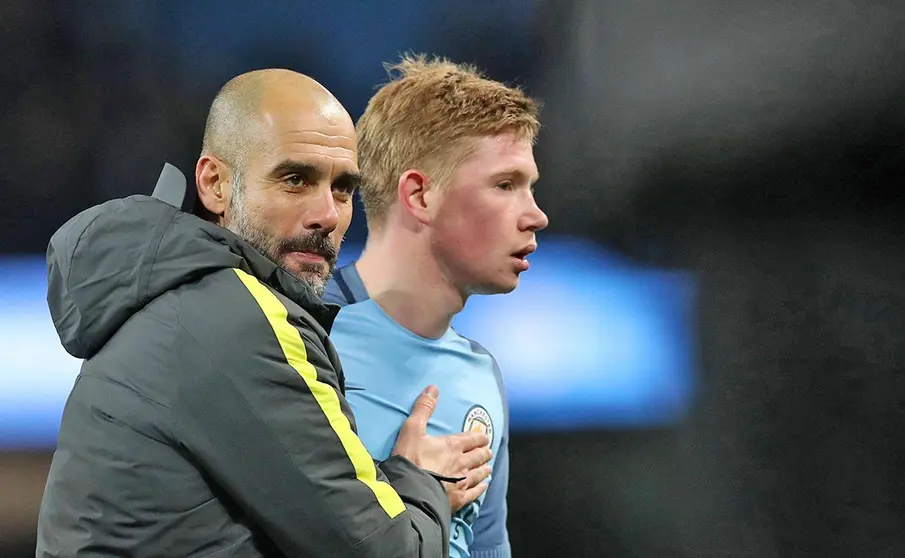 Manchester City Manager Pep Guardiola and Kevin De Bruyne of Manchester City after the English Premier League match at Etihad Stadium, Manchester. Picture date: January 2nd, 2017. Photo credit should read: Lynne Cameron/Sportimage via PA Images