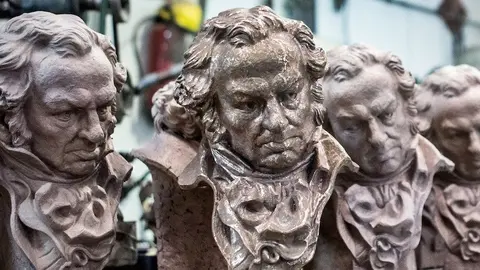 MADRID, SPAIN - DECEMBER 07: Craftsmen make the trophies for the 30th Goya Awards in preparation for the awards ceremony which takes place in February, on December 7, 2015 in Madrid, Spain. Artwork by Jos&Egrave; Luis Fern&middot;ndez (Photo by Pablo Cuadra/Getty Images)