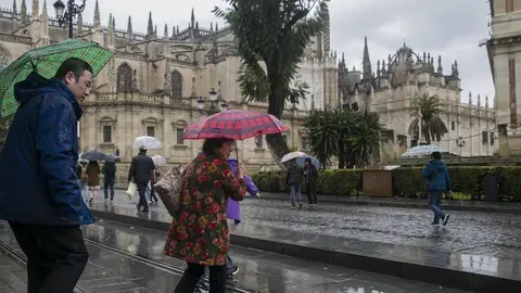 Personas con paraguas por el centro de Sevilla | EP