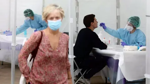 Una sanitaria le realiza un frotis nasal a un vecino de Ordizia en una de las carpas instaladas en el parque Barrena por el Ayuntamiento de Ordizia para realizar test ante el posible brote de COVID-19 detectado en la localidad guipuzcoana, en Ordizia | JAVI COLMENERO - EUROPA PRESS