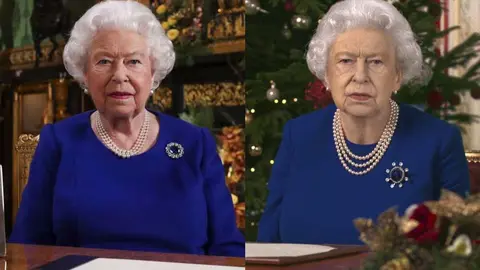 La Reina Isabel II en su discurso real frente al emulado por 'Channel 4'