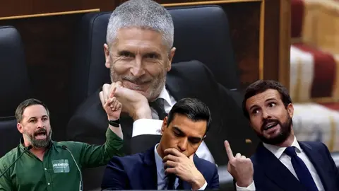 PP y Vox piden dimisi&oacute;n de Marlaska. Pablo Casado, Santiago Abascal y Pedro S&aacute;nchez