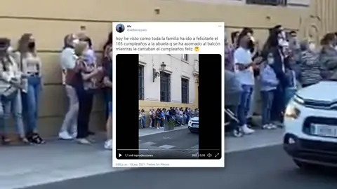 Tweet de Ale Berraquero sobre familia cantando Feliz Cumplea&ntilde;os a la abuela de 103 a&ntilde;os en Jerez de la Frontera