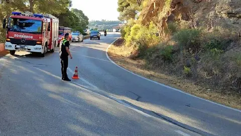 Susto en M&aacute;laga. Cae con su coche 150 metros por un terrapl&eacute;n y choca contra un pino