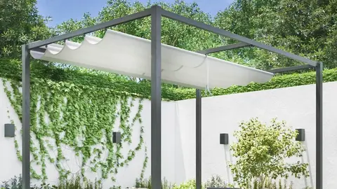 Llega de rebajas a Leroy Merlin la p&eacute;rgola con toldo de 2 x 3 metros para terraza y jard&iacute;n