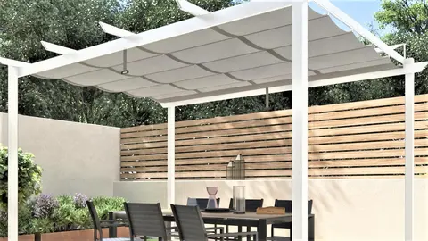 El blanco (color de moda) invade la terraza con una p&eacute;rgola bonita y elegante de 3 x 4
