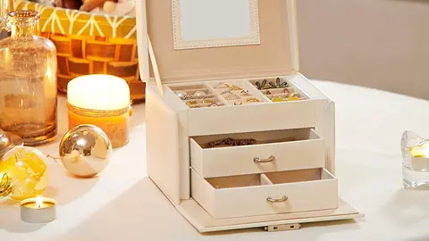 Caja de Joyer&iacute;a, Estuche de Viaje, Port&aacute;til, Organizador de Joyas con Cerradura con 2 Cajones y Espejo