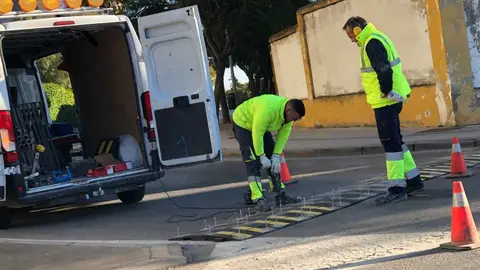 Operarios colocando un bad&eacute;n en la Avenida del Altillo