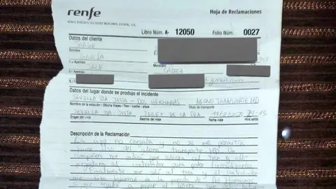 Hoja de la denuncia a Renfe