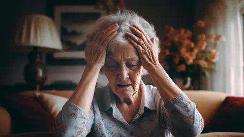 Mujer mayor preocupada por la bajada de las pensiones en febrero de 2024