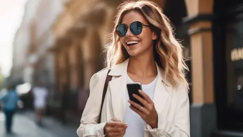 Mujer sonriente en modo Silent Luxury con gafas de sol y m&oacute;vil pasea por la ciudad (1)