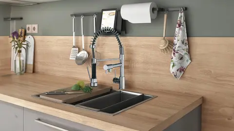 Grifo de cocina monomando con ca&ntilde;o y ducha DELINIA Alain cromado en Leroy Merlin