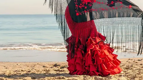 Mujer vestida de flamenco en la playa