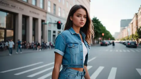 Una joven vestida con ropa vaquera camina con confianza por la calle de la ciudad