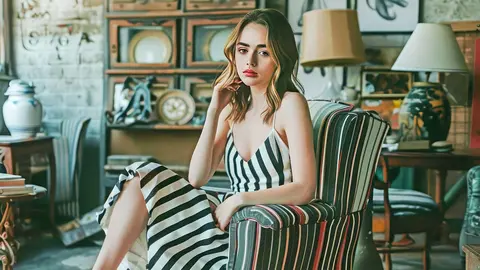 Mujer a la moda sentada prob&aacute;ndose unas sandalias