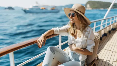 Mujer toma el sol en un yate por el Mediterr&aacute;neo