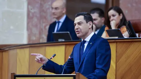 Juanma Moreno, durante su comparecencia en el Parlamento de Andaluc&iacute;a