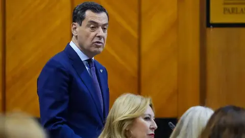 Juanma Moreno, se dirige a Juan Espadas en el Parlamento de Andaluc&iacute;a