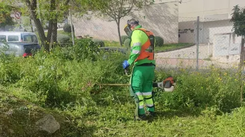 Un operario desbroza uno de los solares