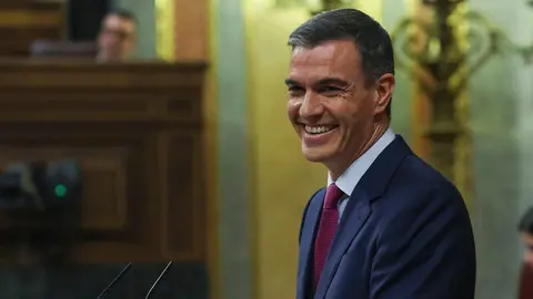 El presidente del Gobierno, Pedro S&aacute;nchez, sonriente en el Congreso de los Diputados