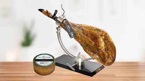 Jam&oacute;n ib&eacute;rico 100% de bellota Esencia&uacute;nica pieza 6,7 kg de COVAP y queso curado de oveja