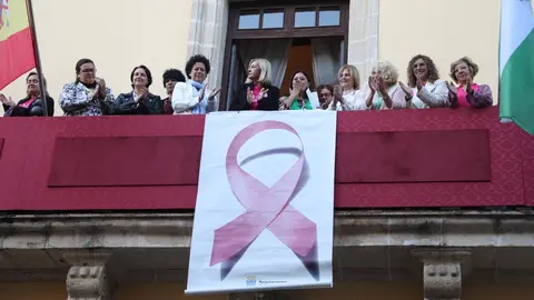 Colocaci&oacute;n del lazo rosa en el balc&oacute;n del Ayuntamiento de Jerez | Cristo Garc&iacute;a
