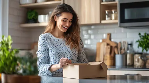 Mujer abre paquete en casa