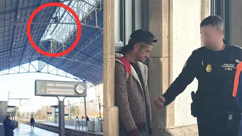 Hombre se encaloma en la estructura del techo de la Estaci&oacute;n de Trenes de Jerez