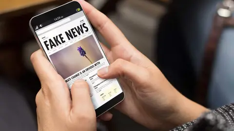 M&oacute;vil con web de titular Fake News
