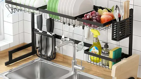 Escurreplatos con soporte para utensilios y tabla de cortar