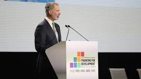 El Rey Felipe VI, duranrte su intervenci&oacute;n en la Cumbre de la ONU de Sevilla