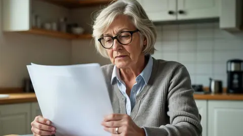 Mujer lee preocupada documentos de la pensi&oacute;n