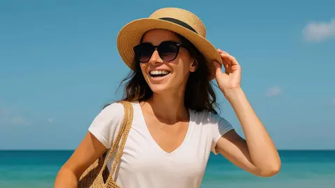 Una mujer en la playa con un bolso de Parfois