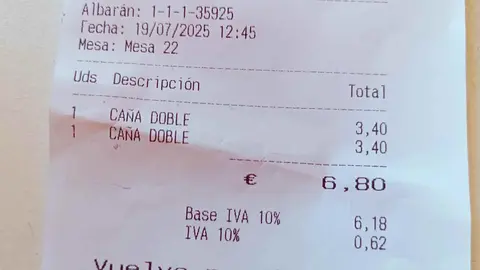 Ticket del cliente indignado en un bar de Jerez