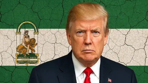 Recreaci&oacute;n del presidente Donald Trump con el fondo de bandera de Andaluc&iacute;a desquebrajada por la preocupaci&oacute;n de la subida de los aranceles en las exportaciones