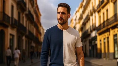 As&iacute; ser&aacute; el tiempo en Andaluc&iacute;a este viernes, s&aacute;bado y domingo, menos calor y posibles tormentas - Recreaci&oacute;n de imagen de var&oacute;n con mitad de calle nublada y mitad con cielo despejado