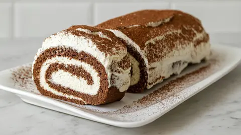 Receta fresca de tiramis&uacute; en forma de tronco, con crema suave y sabor intenso