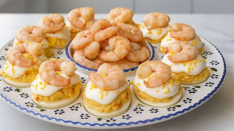 Unos huevos rellenos jugosos con gambas al ajillo para disfrutar en familia