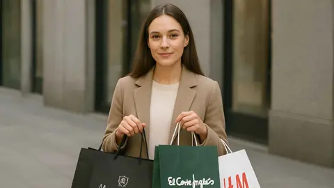 Una mujer con bolsas de compra de Massimo Dutti, El Corte Ingl&eacute;s y H&M