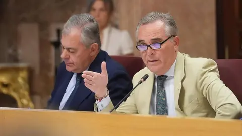 El delegado de Hacienda del Ayuntamiento de Sevilla, Juan Bueno, en el Pleno del Ayuntamiento