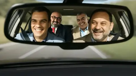 Imagen realizada por el Partido Popular con IA de una recreaci&oacute;n de los viajes del Peugeot de Pedro S&auml;nchez, &Aacute;balos, Cerd&aacute;n y Koldo